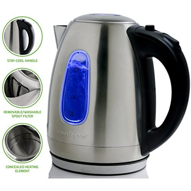Ovente Electric Kettle 1.7 Liter Stainless Steel with Concealed Heating