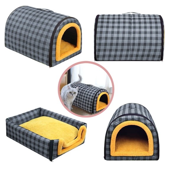 2 in 1 Convertible Cat Cave Bed, Foldable Zipper Pet Tunnel House with Plush Cushion, Washable Dual Use Pet Nest for Indoor Cats Kittens Small Puppies, All Season Indoor Sleeping Play Hut