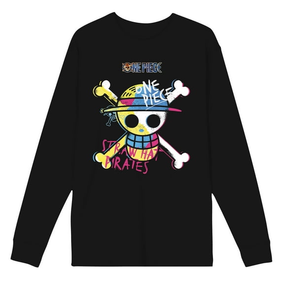 One Piece Live Action Graffiti-Style Straw Hat Pirates Adult Black Crew Neck Long Sleeve Shirt-Medium