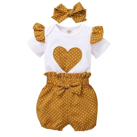 

PBaeM Baby Girls Short Sleeve Polka Dot Printed Romper Ruffle Shorts Bow Headband 3Pcs Set Sizes 0-12M