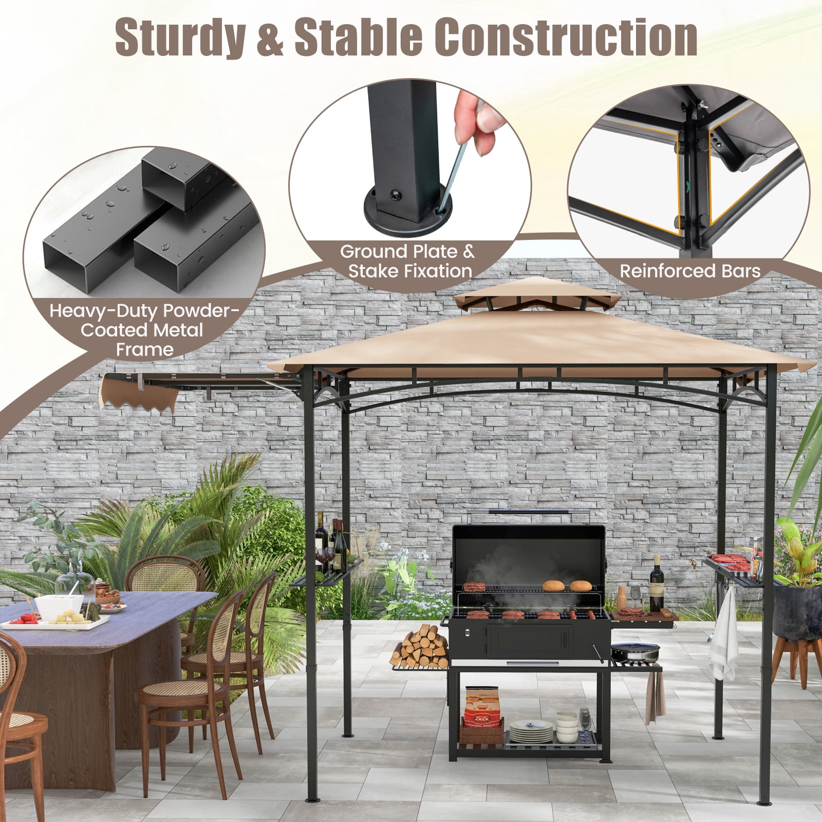 Gymax 11 x 5 FT Grill BBQ Gazebo w/ Side Awning Double-Tiered Top 2 Side Shelves Beige