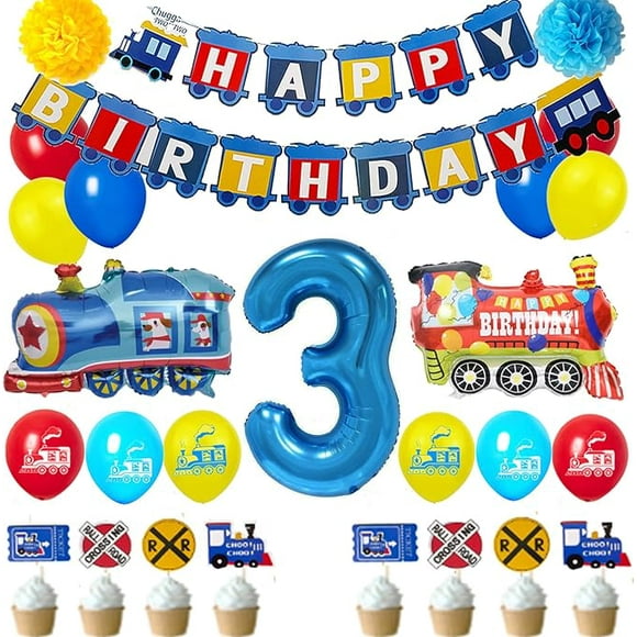 Finypa Train 3st Birthday Decorations Boys, 3 Years Old Birthday Party Supplies Blue Number 3 Foil Balloons Train Pattern Birthday Banner,Cake Topper,