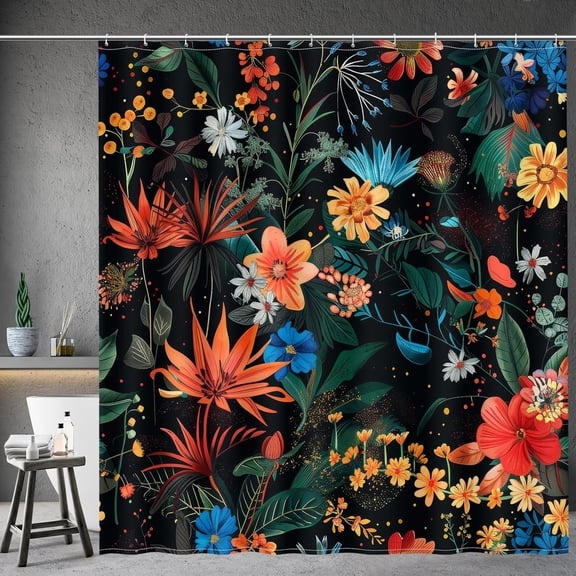 Black Floral Shower Curtain - Dark Vintage Flower Plants Boho Chic Colorful Botanical Leaves Fabric Cloth Bath Shower Curtain Set with 12 Hooks for Bathroom Decor Accessories, 72"x72"