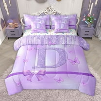 Manfei Purple Bow Butterfly 7-Piece Twin Bedding Sets for Children Kids Teens,Letter Monogrammed Initial D Bedding Comforter Set,Bling Glitter Breathable Sheet Sets,Graffiti Splash Home Decor