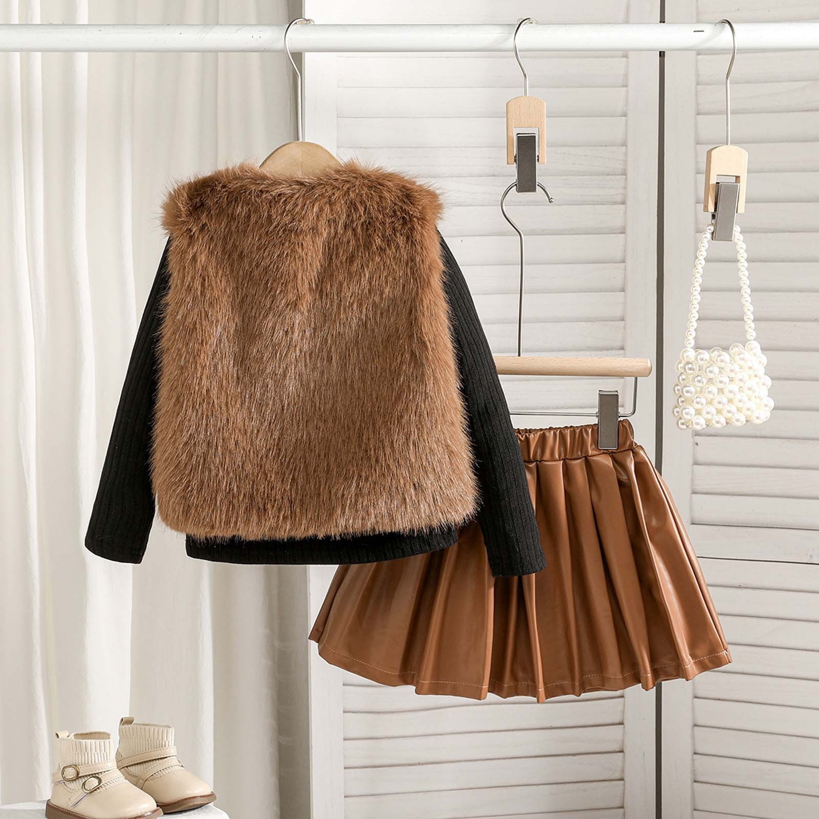 MEZZALL Girls Outfits Set Vest Long Sleeve Round Neck Tops PU Leather Pleated Skirt 3 Piece Outfits For Toddler Kids Fashionable Cartoon Clothing