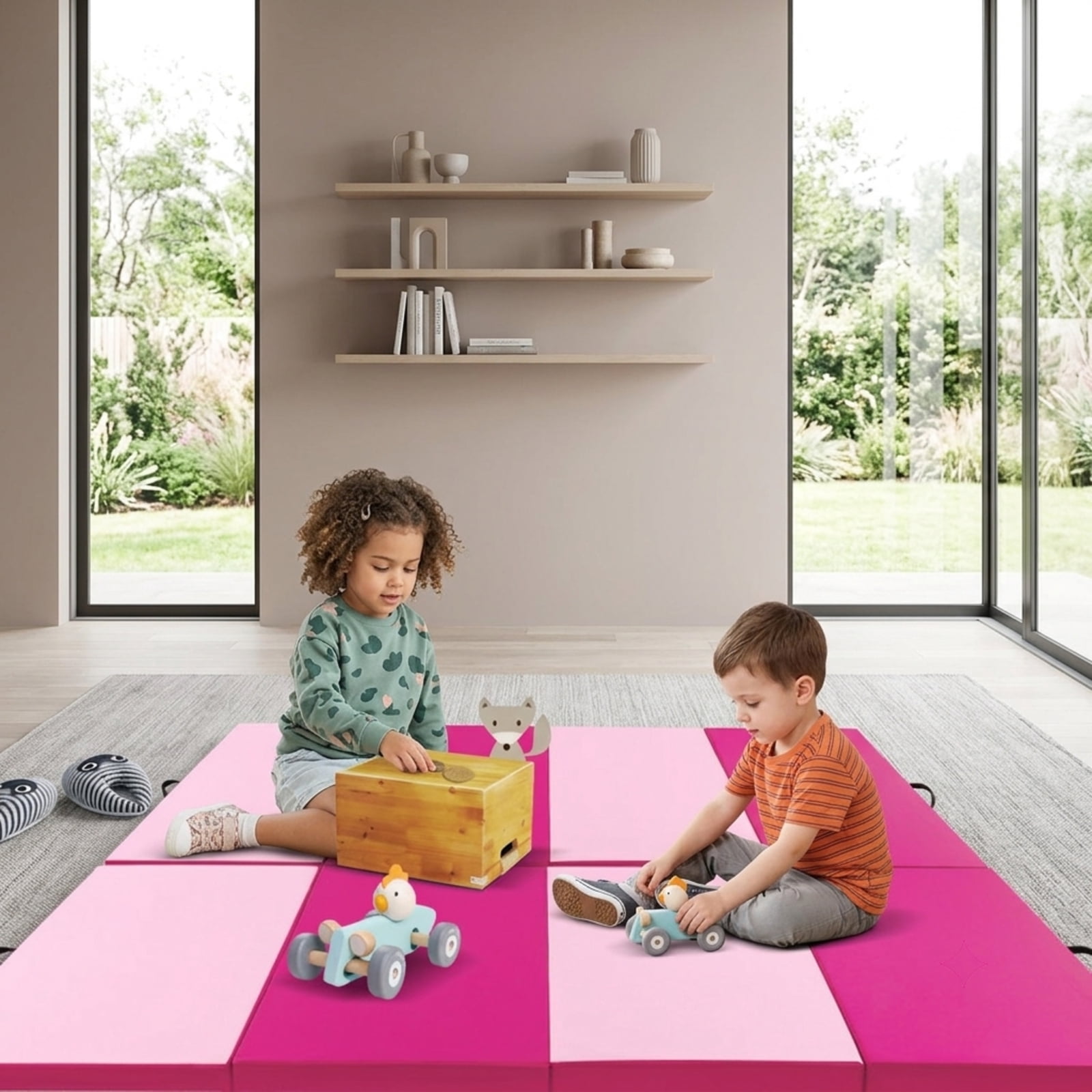 Airfind 4 Panel Folding Exercise Mat with Carrying Handles and Thick Foam for Home Gym Gymnastics Yoga and Tumbling Workouts, Pink