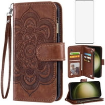 Phone Case for Samsung Galaxy S23 Ultra 5G Wallet Cover with Tempered Glass Screen Protector and Leather Flip Card Holder Cell Accessories S23Ultra 23S S 23 23Ultra 6.8 inch Women Men Brown