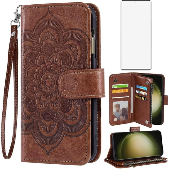 Phone Case for Samsung Galaxy S23 Ultra 5G Wallet Cover with Tempered Glass Screen Protector and Leather Flip Card Holder Cell Accessories S23Ultra 23S S 23 23Ultra 6.8 inch Women Men Brown