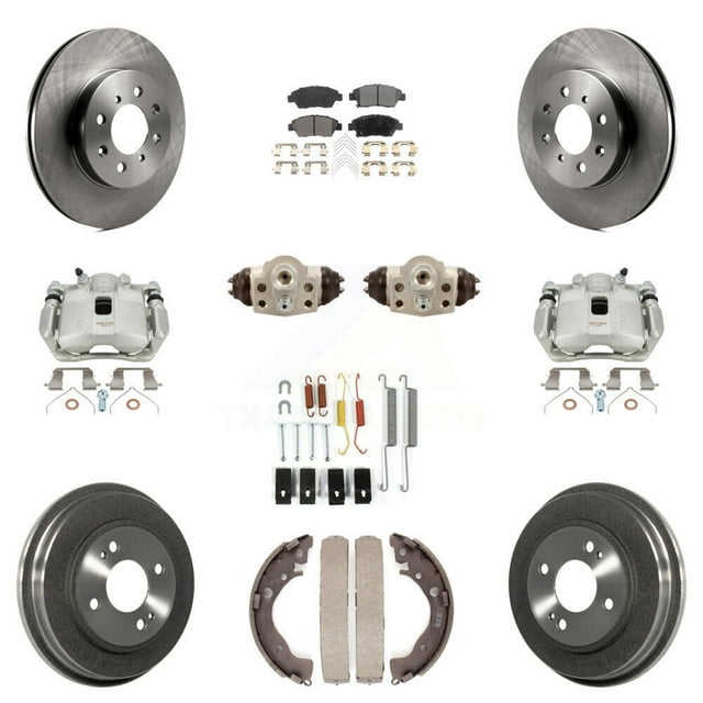 Transit Auto Front Rear Disc Brake Caliper Rotors Drums Ceramic Pads Shoes Wheel Cylinders and Hardware Kit (11Pc) for Car Honda Fit KC8-100917T