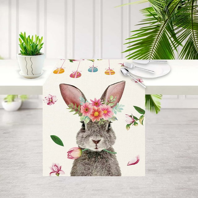 Decorative Table Banner Easter Table Runner Festive Bunny Egg Small Print Vintage Easter Decoration Linen Tablecloth Easter Home Decor
