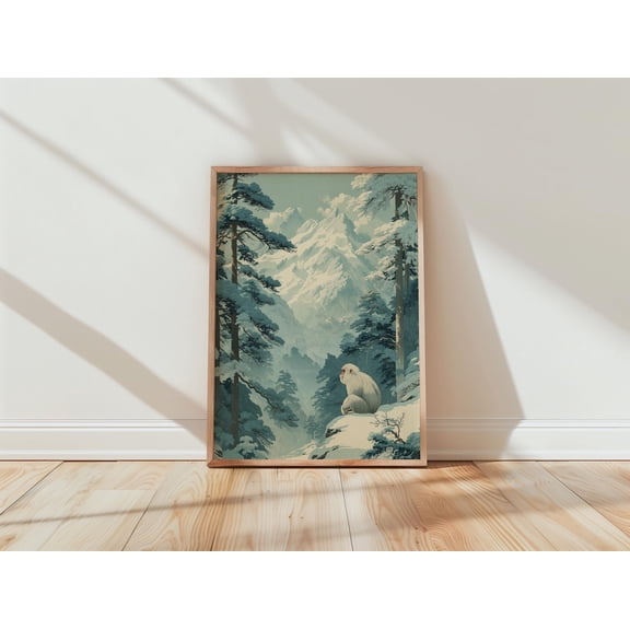 Snow Monkey Realistic Nature Pale Blue Winter Mountain Poster Unframed Paper Print