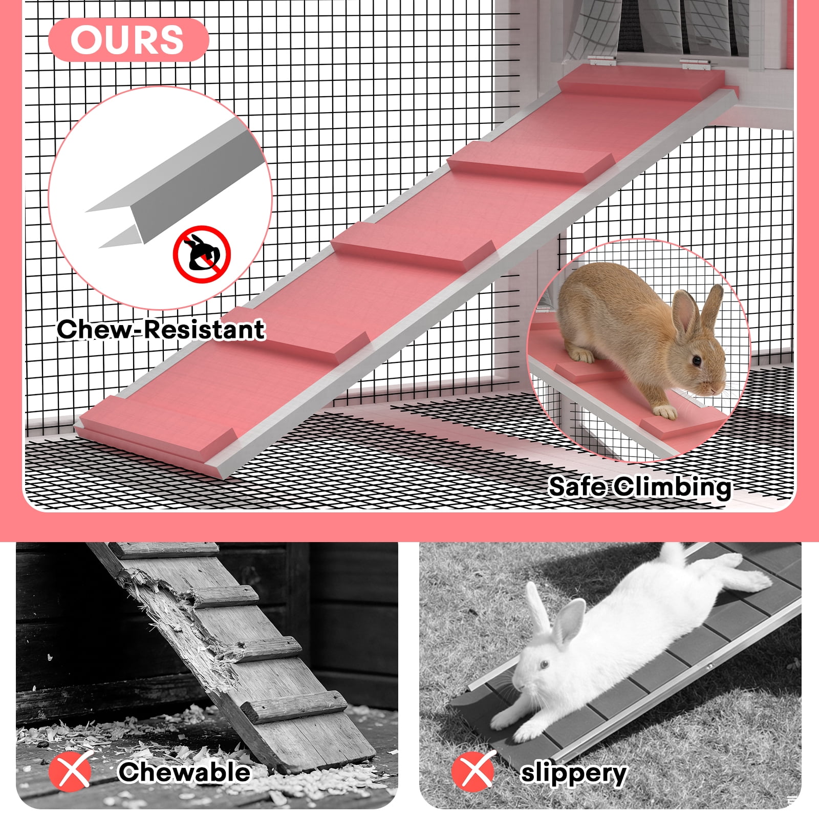 TIMHAKA 2-Story Rabbit Hutch, Wooden Bunny Cage w/ Chew-Proof Ramp & Wheels & Pull-Out Tray for Rabbits & Small Animals, White & Pink