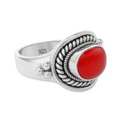 Ethnic Tribal Designer Fashion Ring for Women, Red Coral Gemstone 925 Sterling Silver Tibetan Gypsy Bohemian Boho Fashion Designer Finger Jewelry Handmade By Artisans, Size P1/2