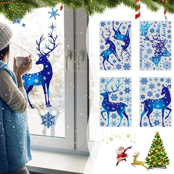 Christmas Window Clings Stickers Blue Reindeer and Snowflake Window Clings, Removable Christmas Holiday Decorations for Glass, Mirrors, Doors, Winter Festive Home Decor Stickers