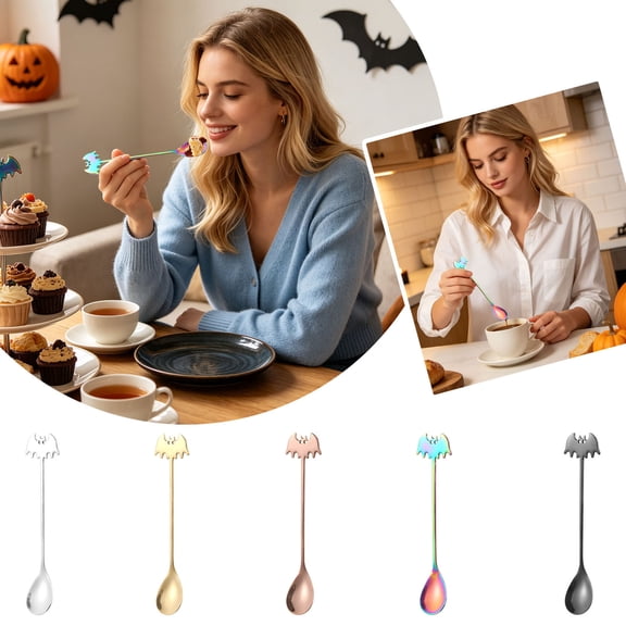 2PC Bat Shaped Stainless Steel Stirring Spoon Long Handle Tea Coffee Mixing Scoop For Fall Halloween Party Table Decor Home Kitchen Drink Stir Supply