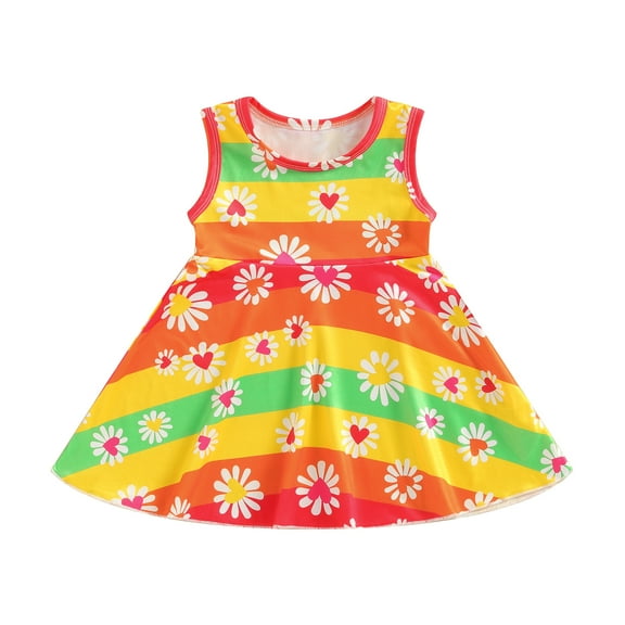 Girls Tank Dress, Sleeveless Crew Neck Striped Flower Print A-line Dress Summer Dress for Casual Daily