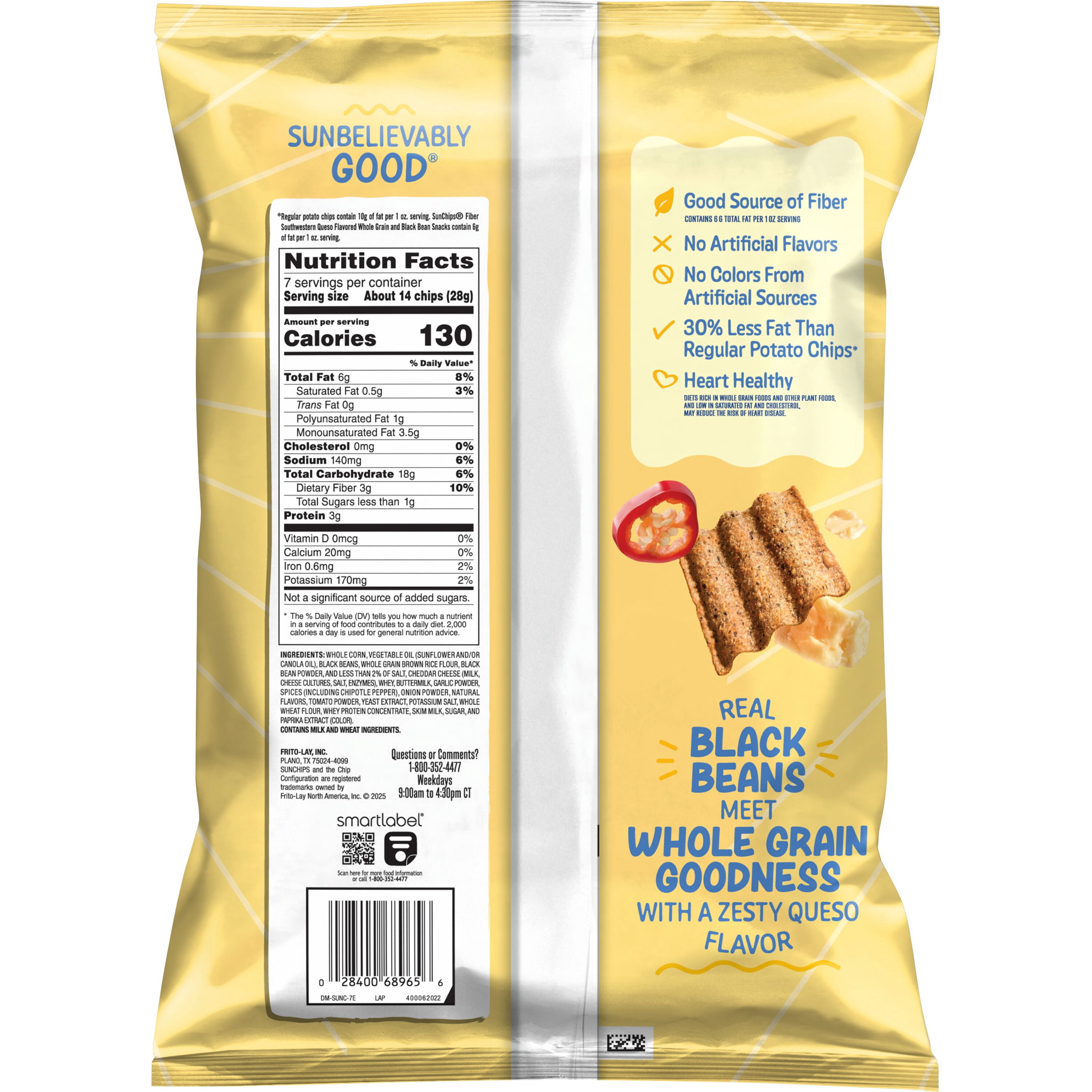SunChips 100% Whole Grain Black Bean Southwestern Queso Snack Chips Bag, 7 oz​