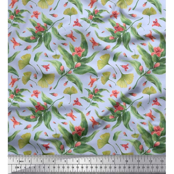 Soimoi Blue Cotton Duck Fabric Leaves & Azalia Floral Fabric Prints By Yard 42 Inch Wide