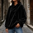 thumbnail image 2 of Cevemin Women Velvet Hoodie, Long Sleeve, Oversized Fit, Kangaroo Pocket, Drawstring, Ribbed Cuff, Soft Velour Sweatshirt for Daily Casual Lounge Wear Black,L, 2 of 8