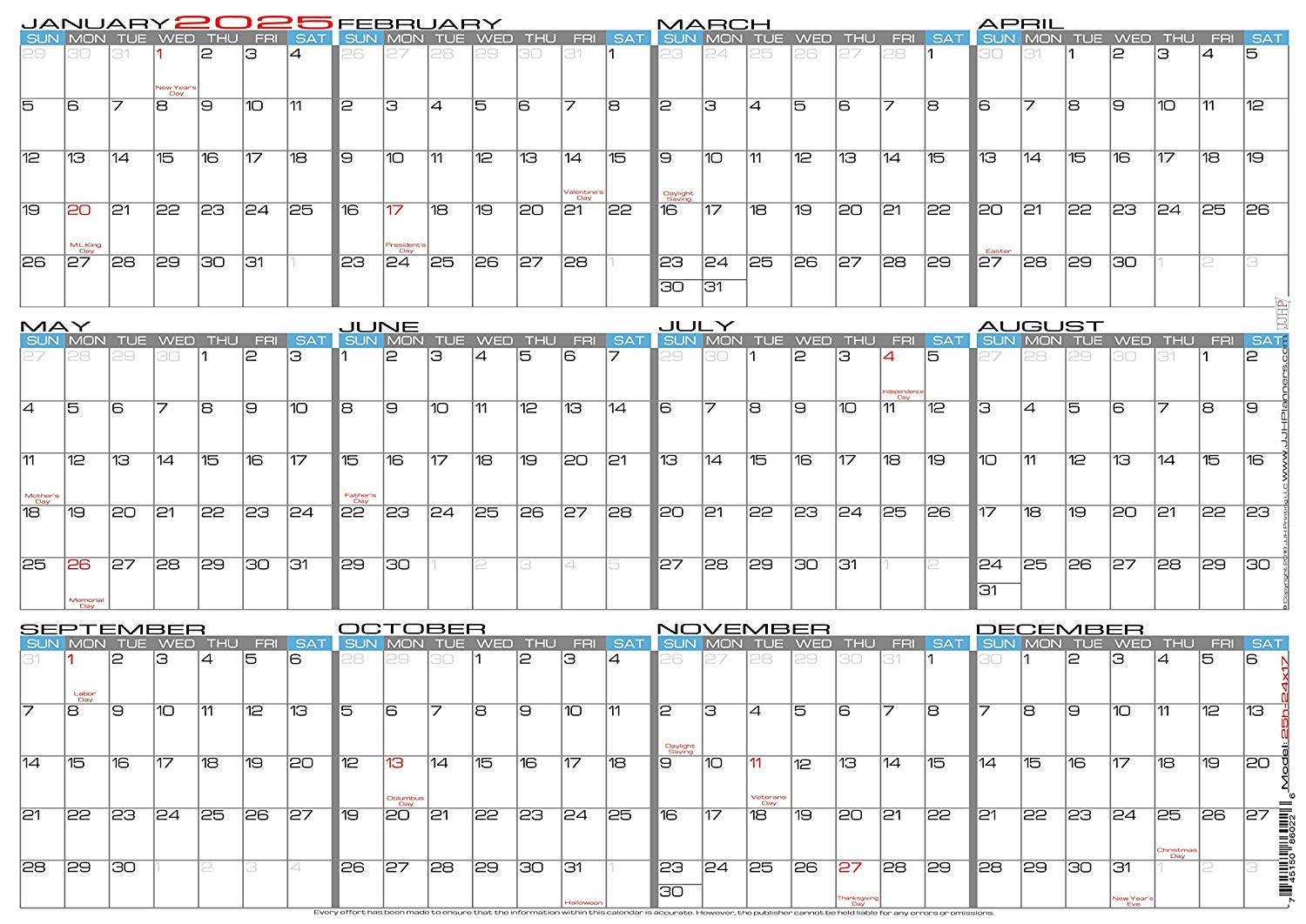 JJH Planners Laminated 24 X 17 Medium 2025 Erasable Wall Calendar Horizontal 12 Month
