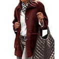 thumbnail image 2 of Women Winter Faux Fur Long Sleeve Lapel Button Down Pockets Fleece Jacket Casual Trendy Outerwear Deep Red L, 2 of 9
