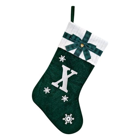 geerera Christmas Stocking with Initials, Green Velvet Stocking with Embroidered Letter and Bow Knitted Cuff, for Family Xmas Decor, Holiday Mantel Decoration, Festive Gift Storage(X)