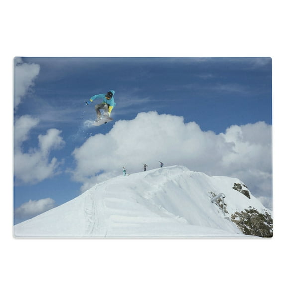 Winter Cutting Board, Flying Snowboarder on the Mountaintop with Cloudy Sky Extreme Sports Theme Photo, Decorative Tempered Glass Cutting and Serving Board, Large Size, Blue White, by Ambesonne