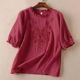 thumbnail image 2 of Wangmeiwg Women's T-Shirts T | Women's Solid Color Linen Casual Half Sleeve Top with Bohemian Embroidery and Ruffle Sleeves for Belly Red M, 2 of 4