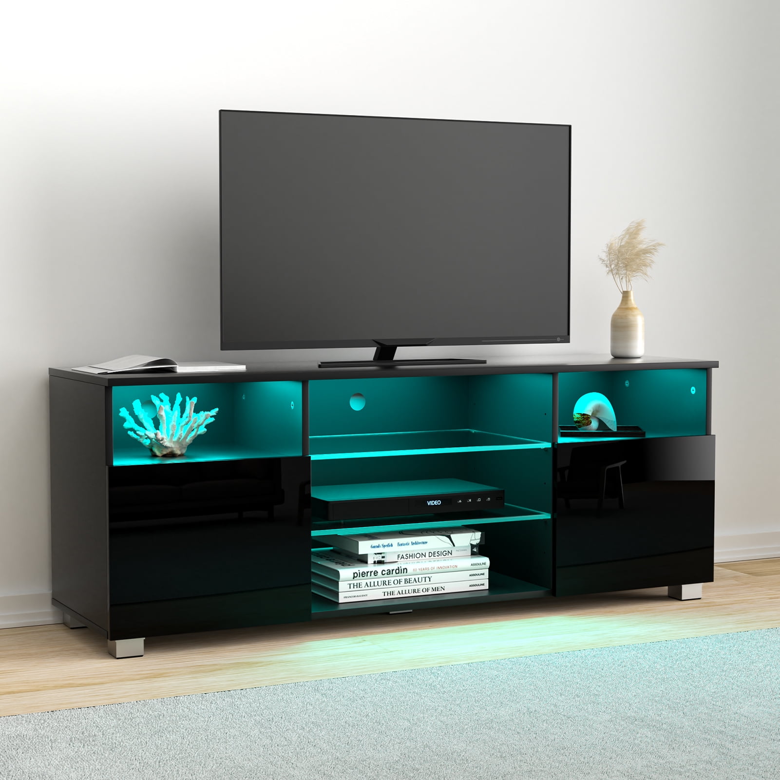 ChVans LED TV Stand for 55 inch TV, High Glass Modern Entertainment Center with LED Lights and Glossy Cabinets