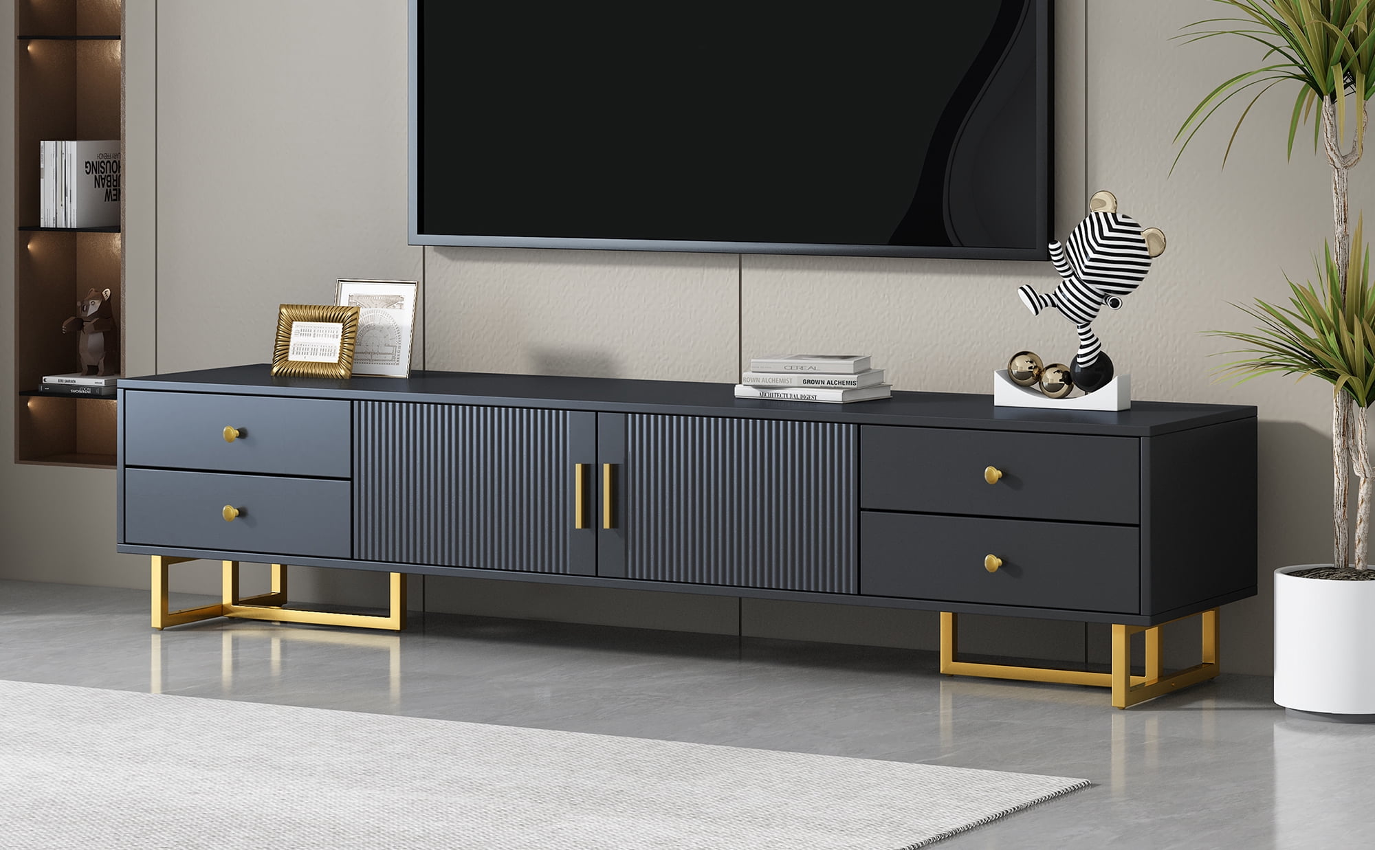 Euroco Modern TV Stand with Wave Groove Cabinet Doors, 4 Drawers, and Metal T-Frame