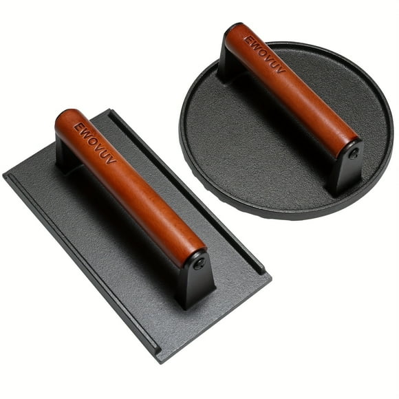 2pcs Heavy-Duty Cast Iron Burger Press Set - Steak Weights for Perfect Grilling - 7" Round & 8.2"X4.3" Rectangle Smash Press with Wooden Handle for Griddle, Sandwich, Nonstick Pan, Easy Meat Cooking a