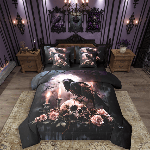 Manfei Crow Skull 7-Piece Twin Bedding Sets,Pink Flower Bedding Comforter Set,Gothic Style Breathable Sheet Sets,Ultra Soft Halloween Room Decoration,Reversible