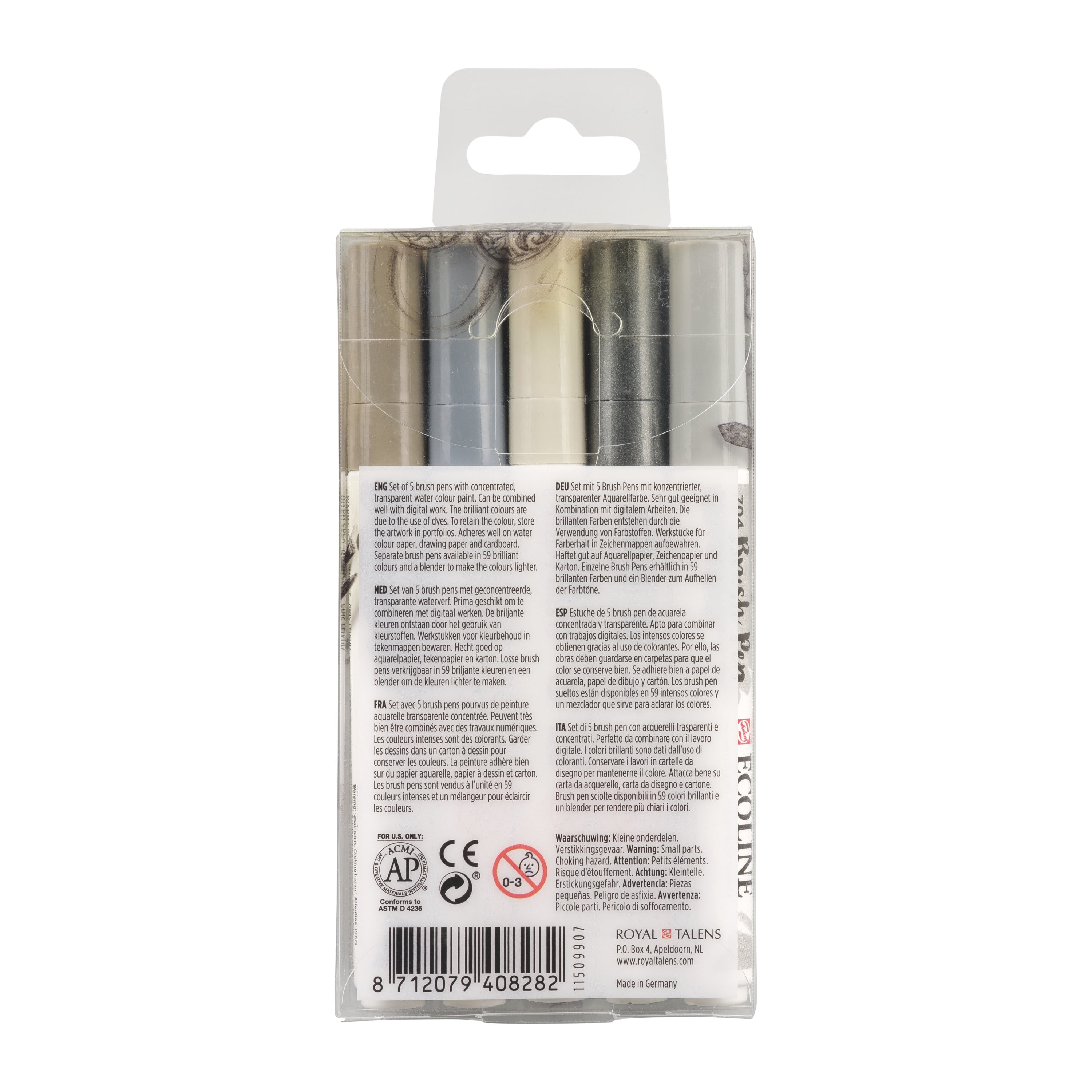 Ecoline Liquid Watercolour Brush Pen Set, 5-Colors, Grey