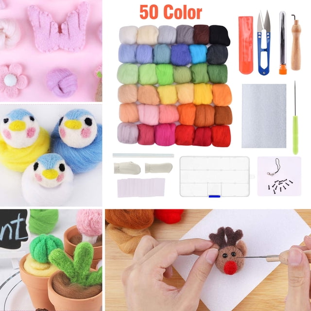 Needle Felting Kit - Wool Roving 50 Colors Set, Starter Felting Tool Kit & Foam Mat, DIY Wool Roving Fibre Yarn, Fibre Wool Yarn Spinning Sewing Supplies for Needle Felting Crafts Gift