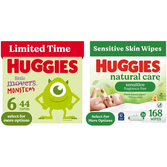 Huggies Little Movers, Little Monsters Edition Baby Diapers, Size 6, 44 Count & Huggies Natural Care Wipes, 168 count Bundle