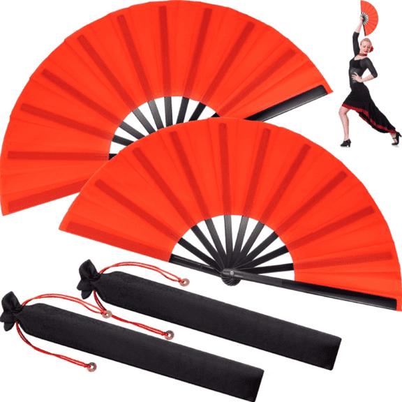 2 Packs Large Clap Fans for Line Dancing Large Chinese Folding Hand Fans for Men and Women, Festival, Tai Ji, Kungfu, Martial Art, Gifts (Red)
