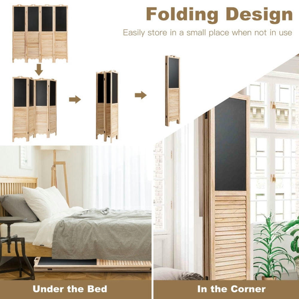 Spaco 4-Panel Folding Privacy Room Divider Screen with Chalkboard, Foldable Privacy Room Divider Screen, Privacy Screen for Indoor as Home, Office, Natural