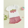 thumbnail image 4 of Baby Toddler Girl Strawberry Outfit 3 6 12 18 24 Months 2T 3T Fruit Embroidery Short Sleeve Ruffle Tops Plaid Ruffle Shorts 2 Piece Summer Clothing Set, 4 of 9