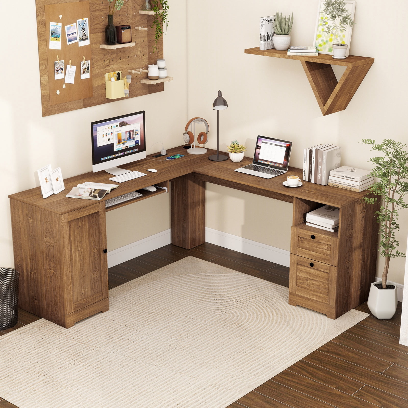 Gymax 66 Inch L-Shaped Computer Desk Spacious Corner Desk w/ Drawers & Cabinet