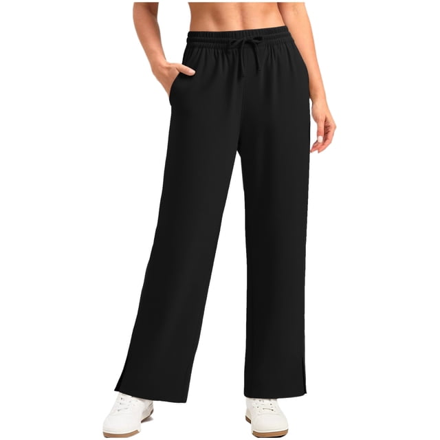 FRSASU Womens Wide Leg Pants Sun Protection Casual Loose Drawstring Side Split Pants with Pockets Black XL(XL)