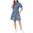 thumbnail image 2 of INSPIRE CHIC Women's Dress Denim Puff Short Sleeve Collared Button Up A-Line Casual Jean Dresses L Mid Blue, 2 of 5