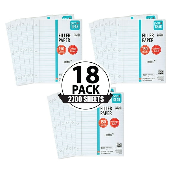 Pen+Gear College Rule Filler Paper, 8"x10.5, 150 Sheets Each (18 Pack), New