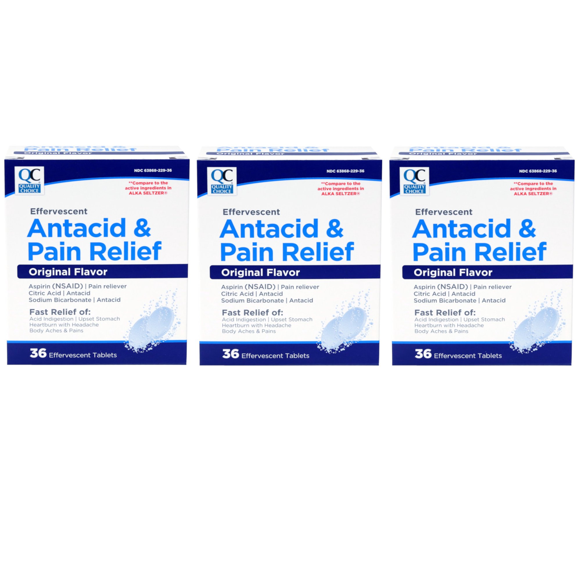 3 Pack Quality Choice Effervescent Pain Relief Antacid Tablets 36 Count Each