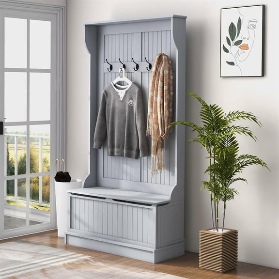 Topcobe 3-In-1 Entryway Bench with Coat Rack, Hall Tree with Bench and Shoe Storage, 5 Hooks for Hallway, Modern Furniture for Home, Dorm or Apartment