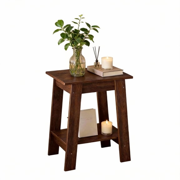 Garvee Farmhouse 2 Tiers End Table, with Storage Shelves, Walnut