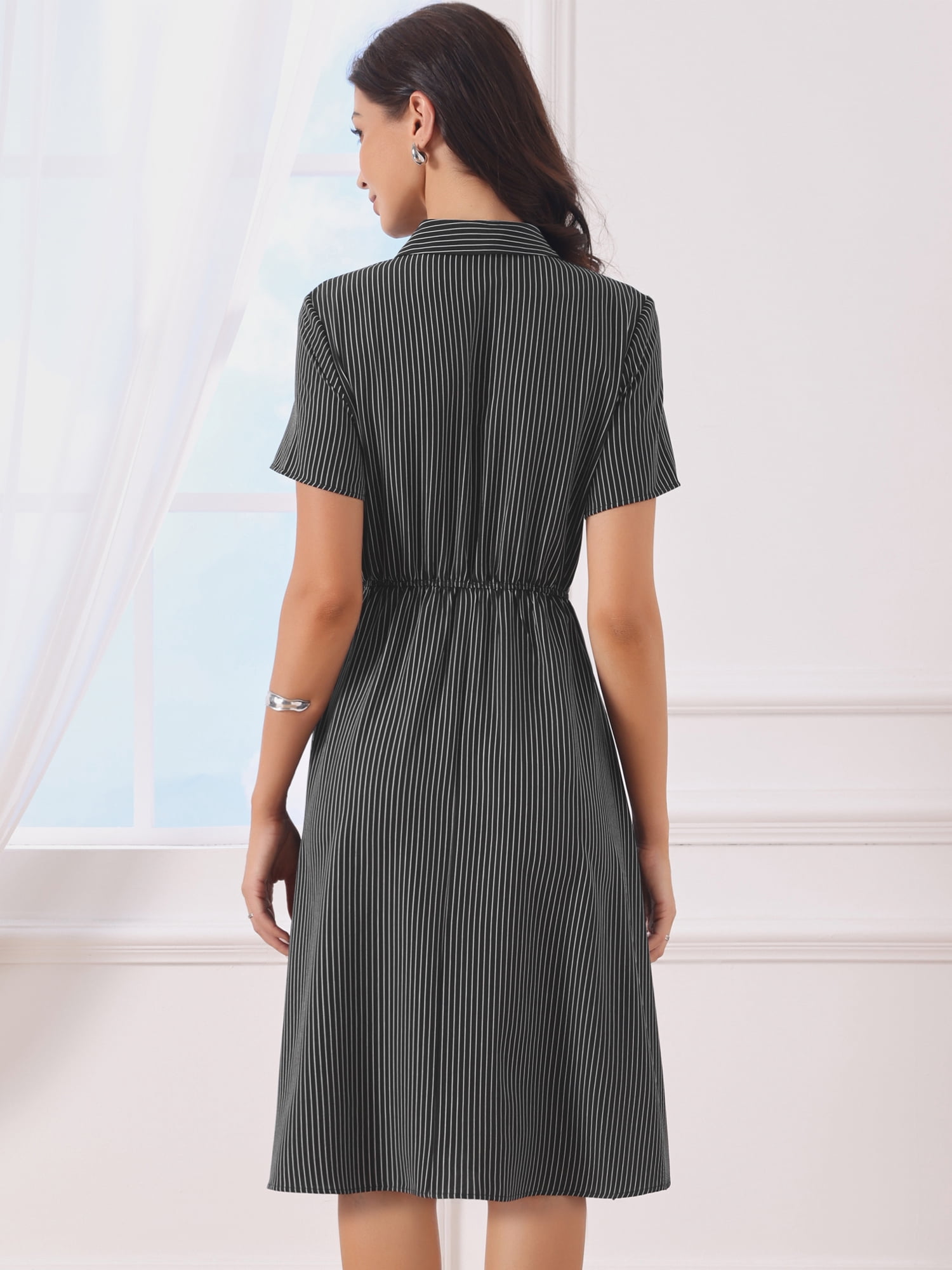 DARING DIVA Women's Lapel Striped Collared Tie Waist Button Down Work Dresses S Black