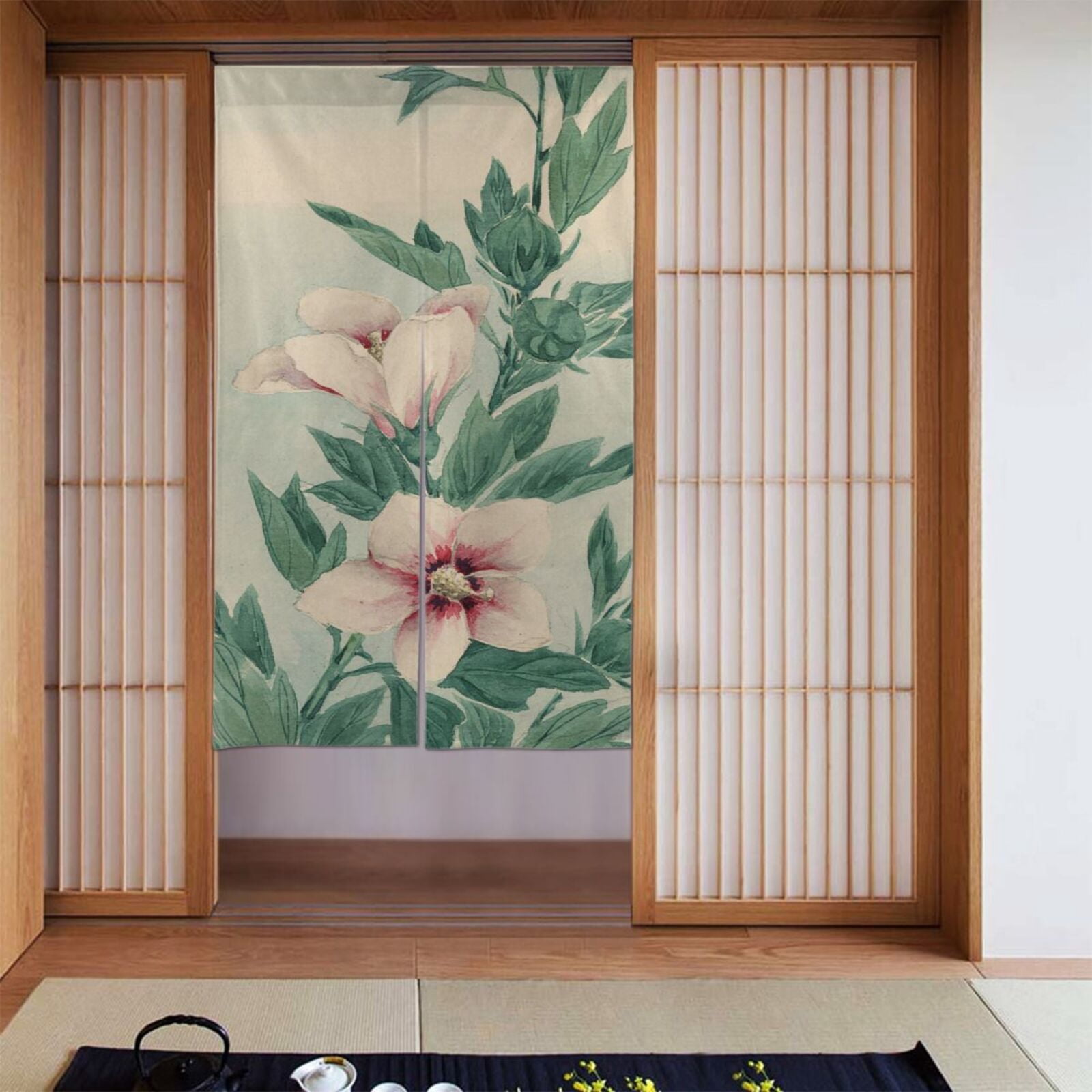 Doorway Drape Split Curtains, Vintage Watercolor Flowers Room Divider ...