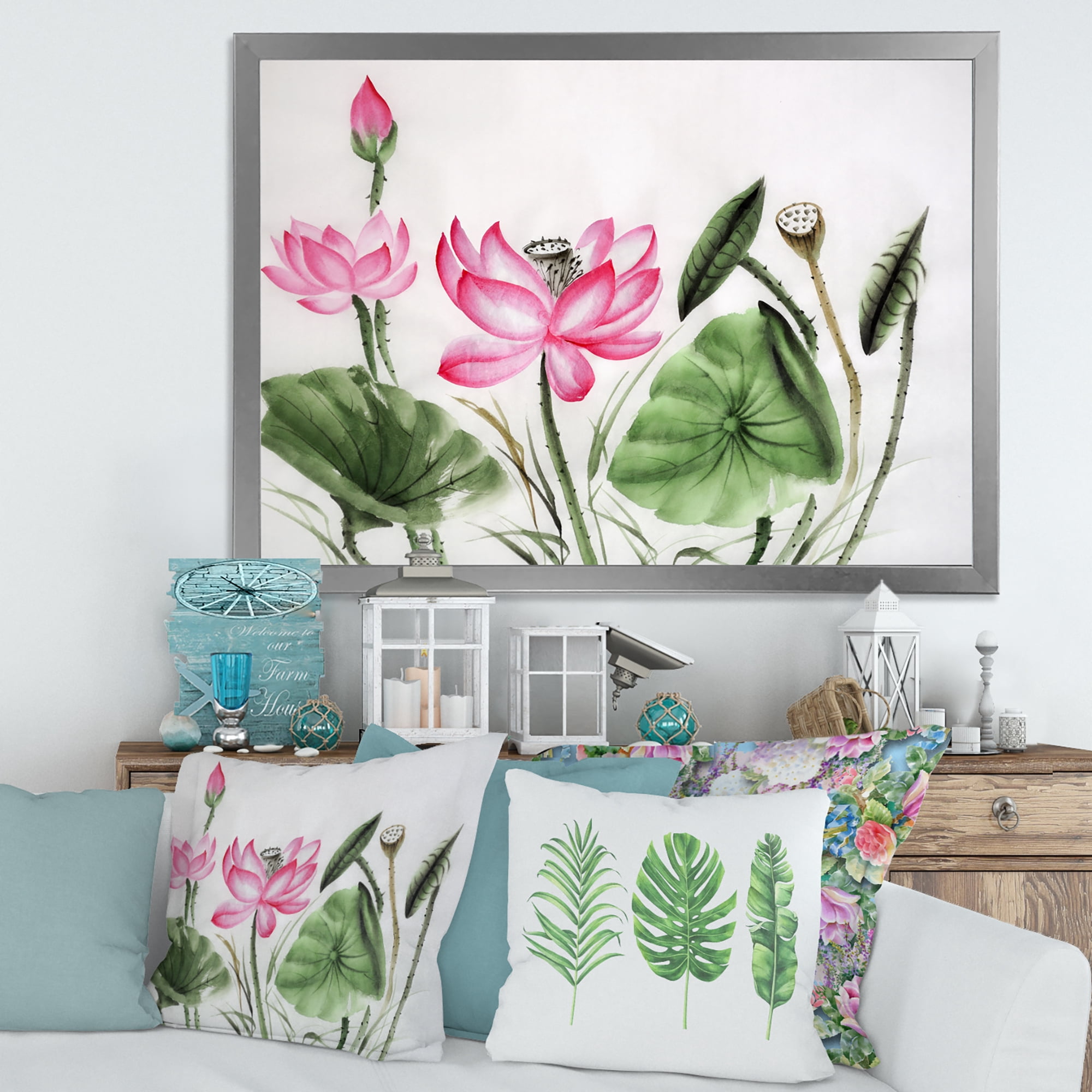 Designart 'Ancient Pink Lotuses In The Pond II' Traditional Framed Art Print