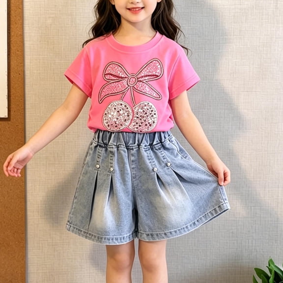 ZOYOEN Toddler Girls Fashion Outfits Set- Cute Short Sleeve Casual Baby Summer Clothes Sparkly T Shirts and Denim Shorts Pink Size 5 T