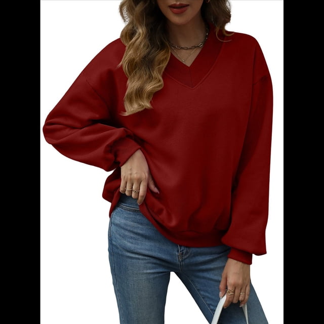 Sudadera con Capucha para Mujer, de Gran Tamaño, con Cuello en V, Informal, Cómoda, Básica, Moda de Otoño 2025. Vino Tinto M